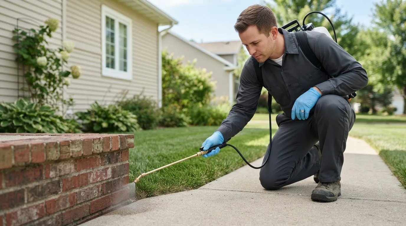 Pest control technician treating a home near Buda, TX