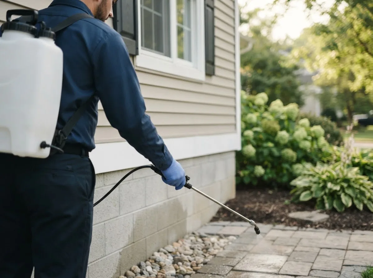 Pest control technician inspecting a home in Buda, TX
